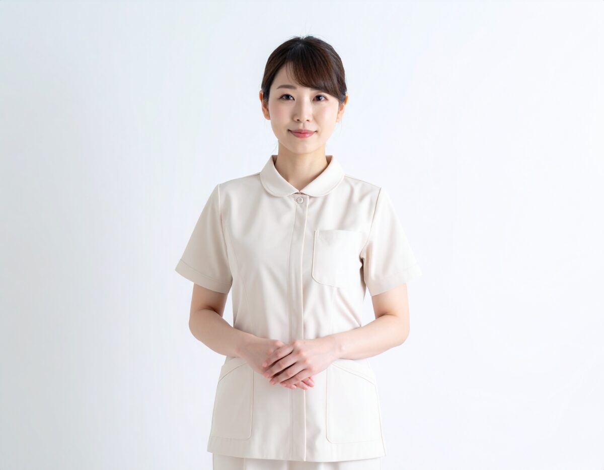 【無料・商用OK】日本人女性看護師の人物素材（ベージュウェア・正面・上品）