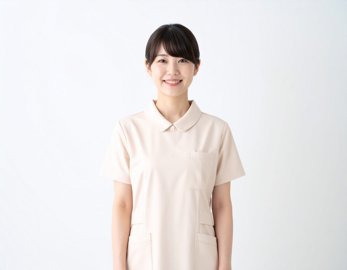 【無料・商用OK】日本人女性看護師の人物素材（ベージュウェア・正面・明るい笑顔）