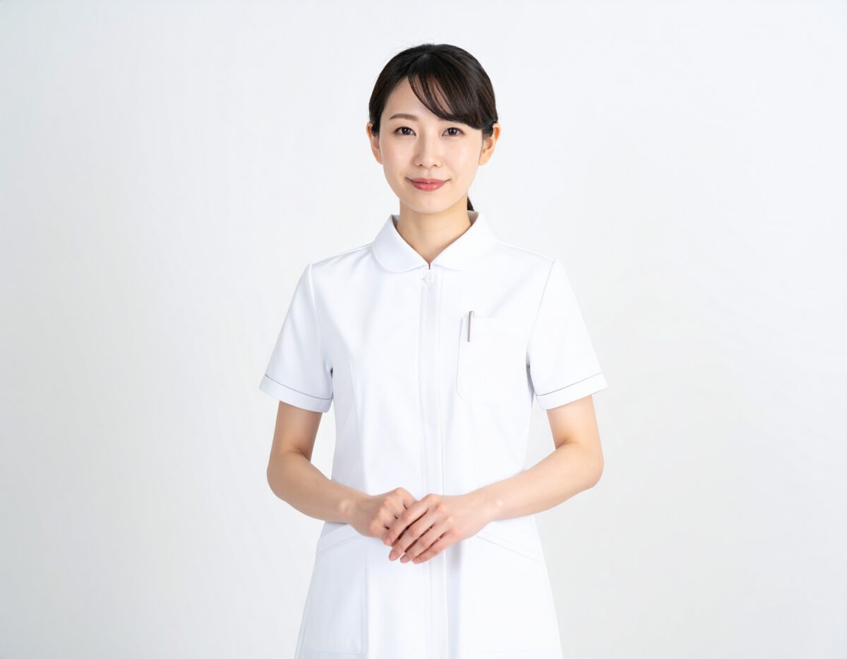 【無料・商用OK】日本人女性看護師の人物素材（白衣・正面・誠実）