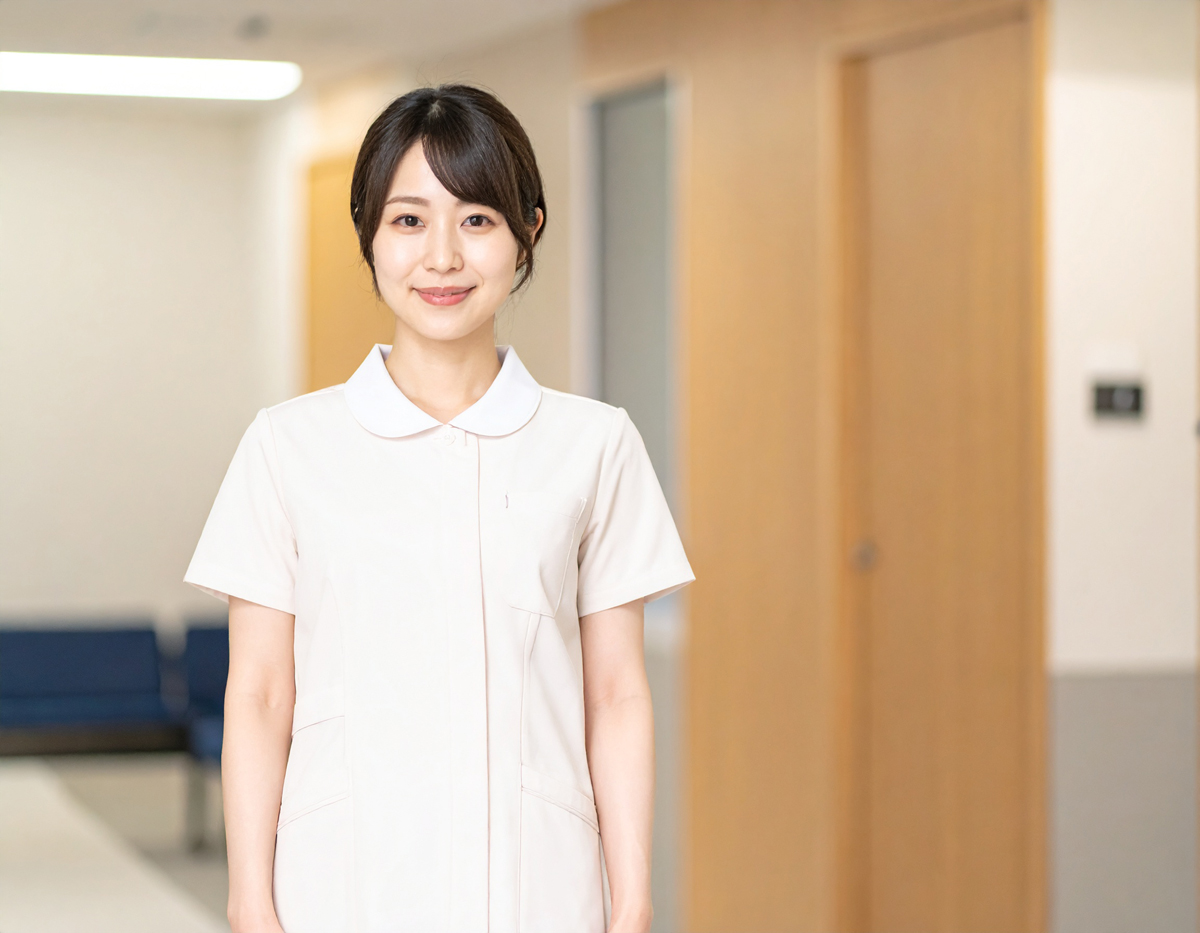 【無料・商用OK】日本人女性看護師の人物素材（院内廊下・木目調背景・温かみ）