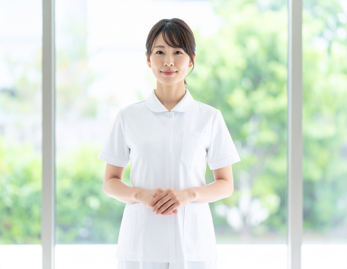 【無料・商用OK】日本人女性看護師の人物素材（白衣・新緑背景・癒やし）