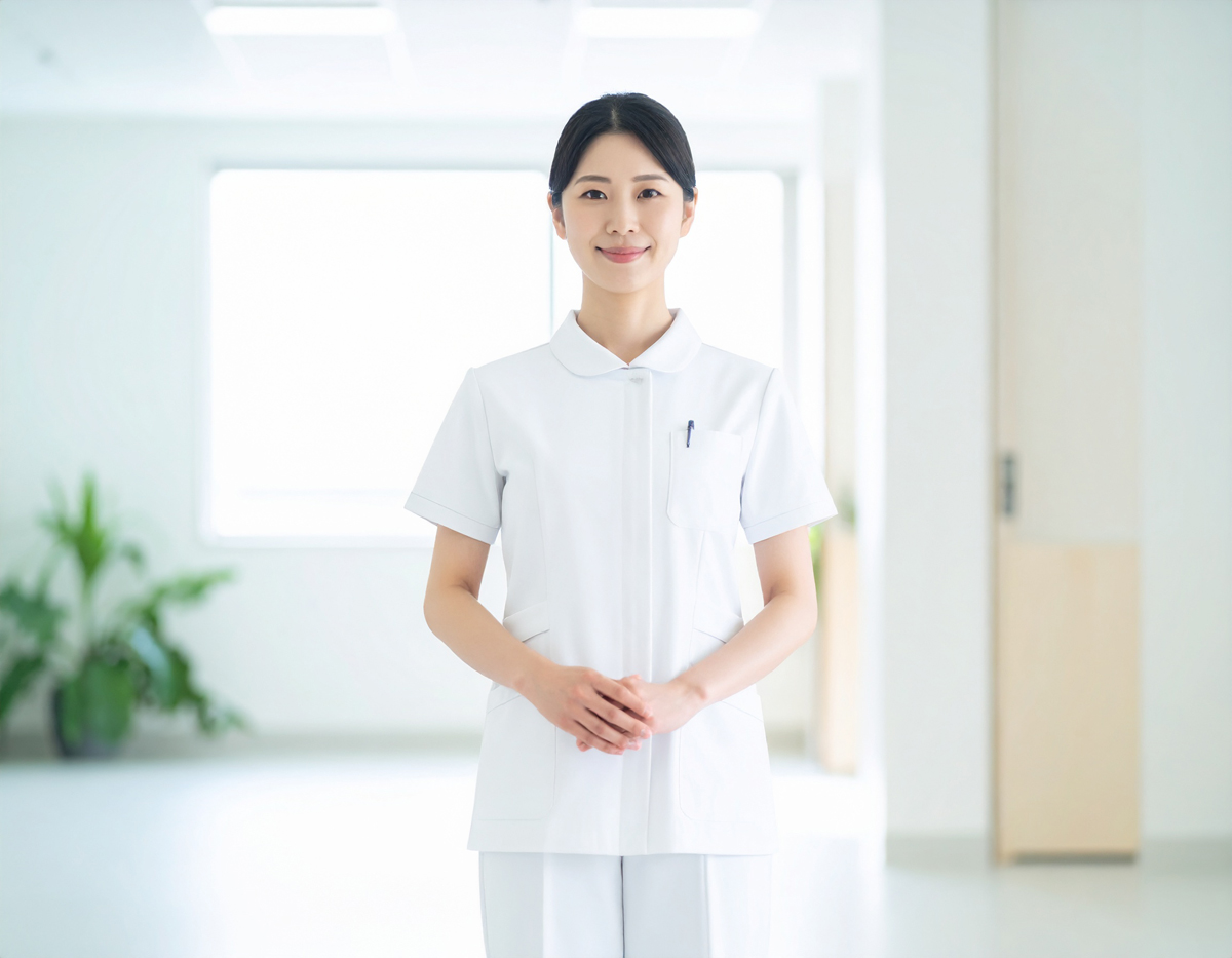 【無料・商用OK】日本人女性看護師の人物素材（白衣・広々とした院内・清廉）