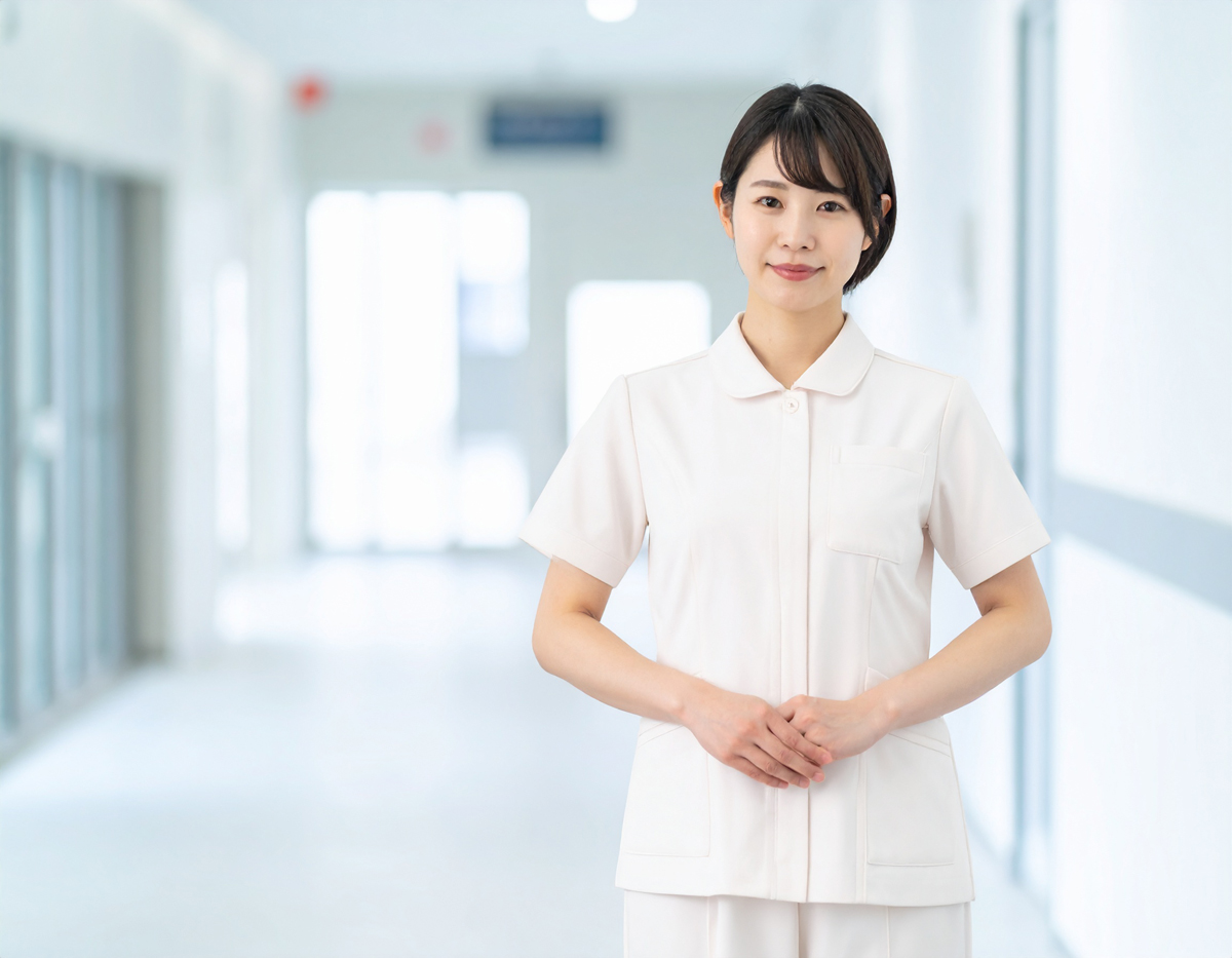 【無料・商用OK】日本人女性看護師の人物素材（院内廊下背景・淡色ウェア・親近感）