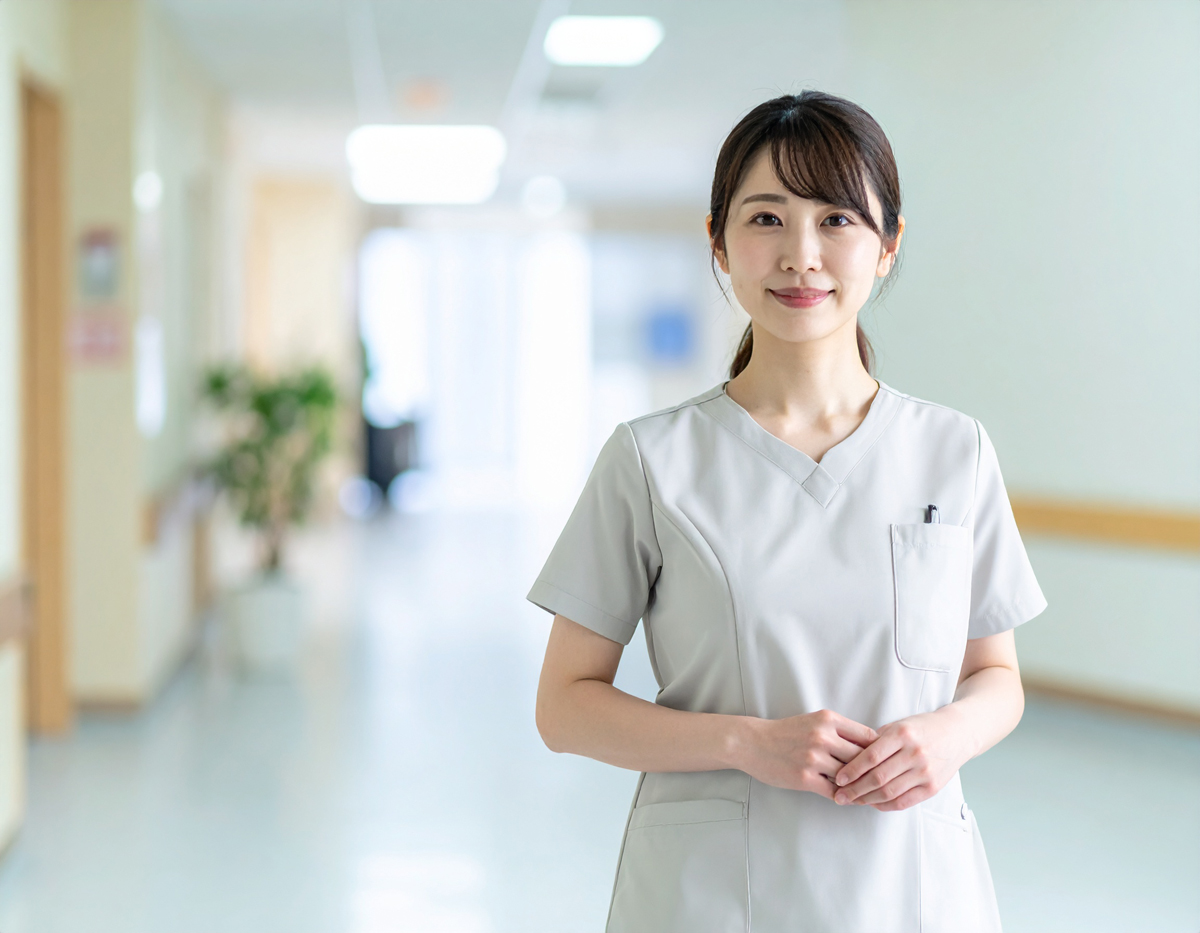 【無料・商用OK】日本人女性看護師の人物素材（グレースクラブ・院内廊下・スタイリッシュ）