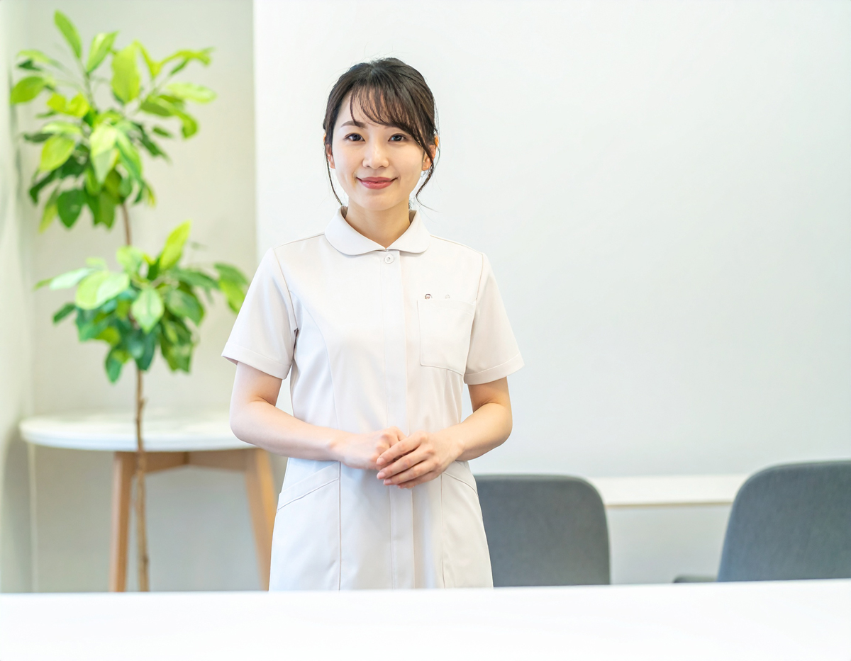 【無料・商用OK】日本人女性看護師の人物素材（カウンター越し・モダンクリニック・安心感）