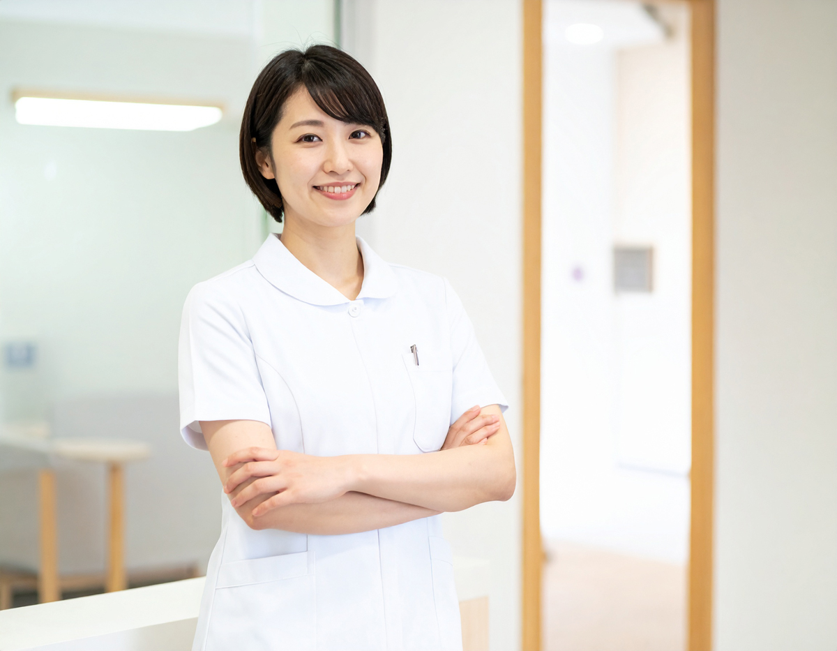 【無料・商用OK】日本人女性看護師の人物素材（腕組み・自信・ポジティブ）