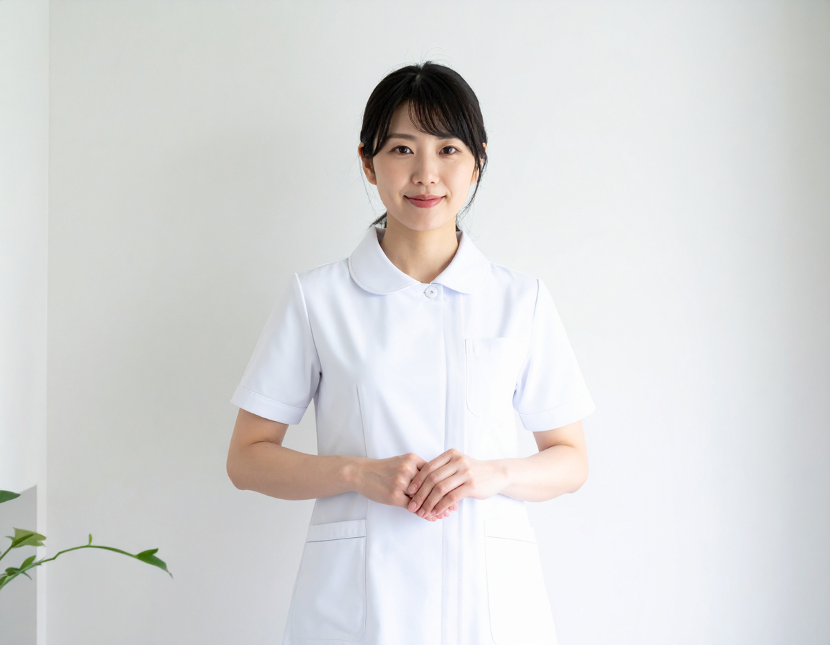 【無料・商用OK】日本人女性看護師の人物素材（白壁背景・シンプル・ポートレート）